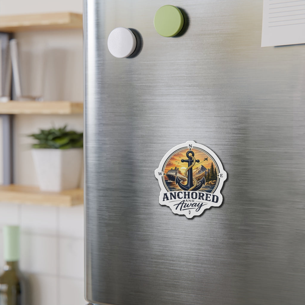 Anchored and Away Die-Cut Magnet — Nautical Anchor Compass Refrigerator Sticker