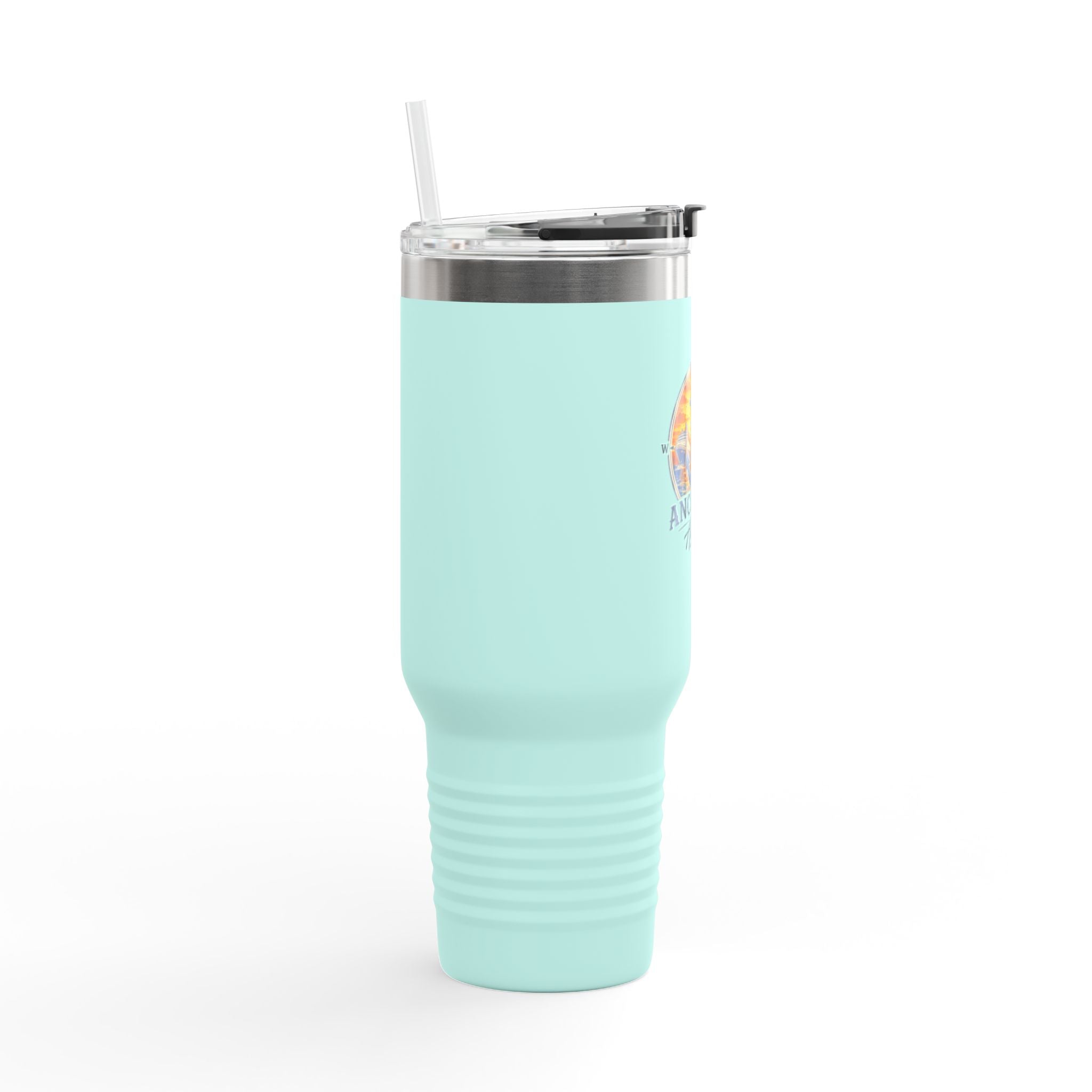 Anchored Away 40oz Insulated Travel Mug — Nautical Anchor Sunset Design