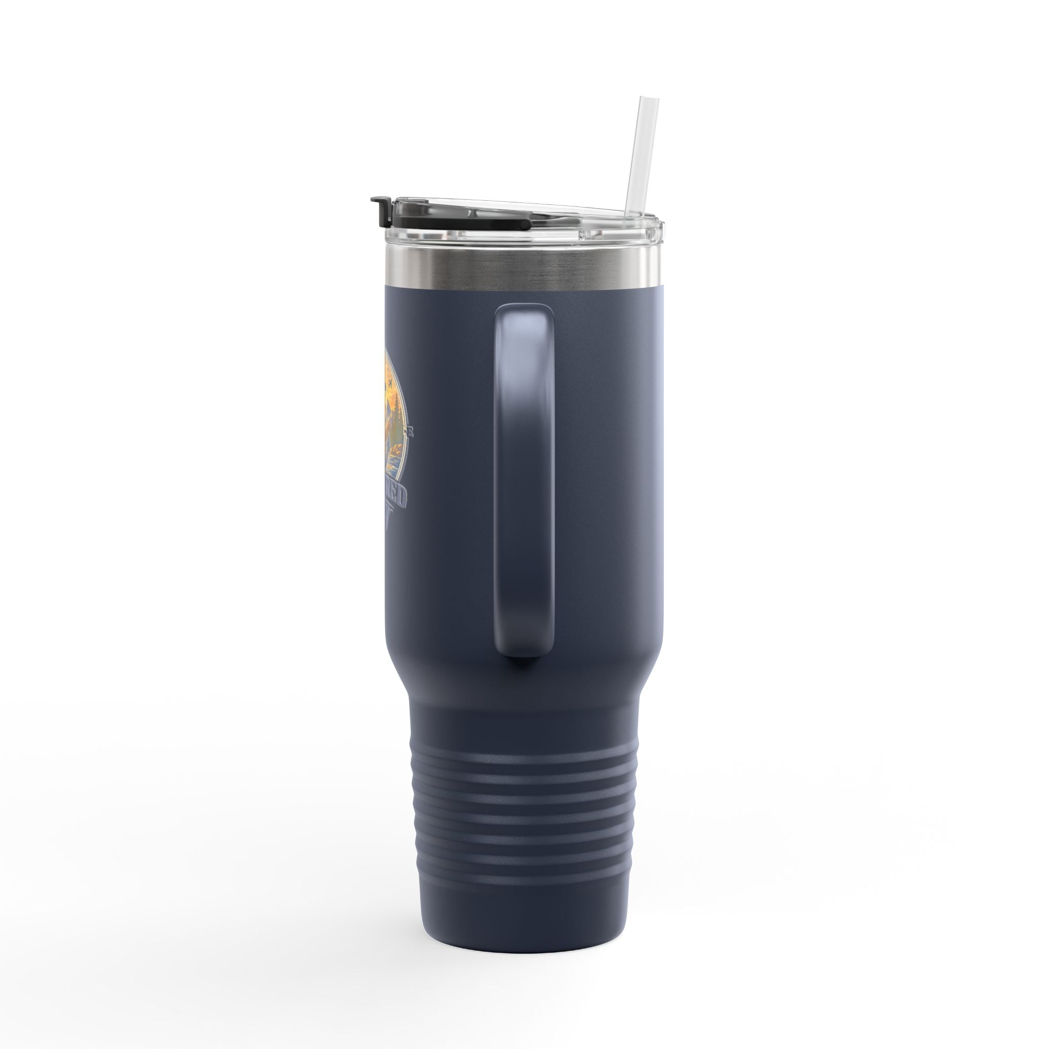 Anchored Away 40oz Insulated Travel Mug — Nautical Anchor Sunset Design