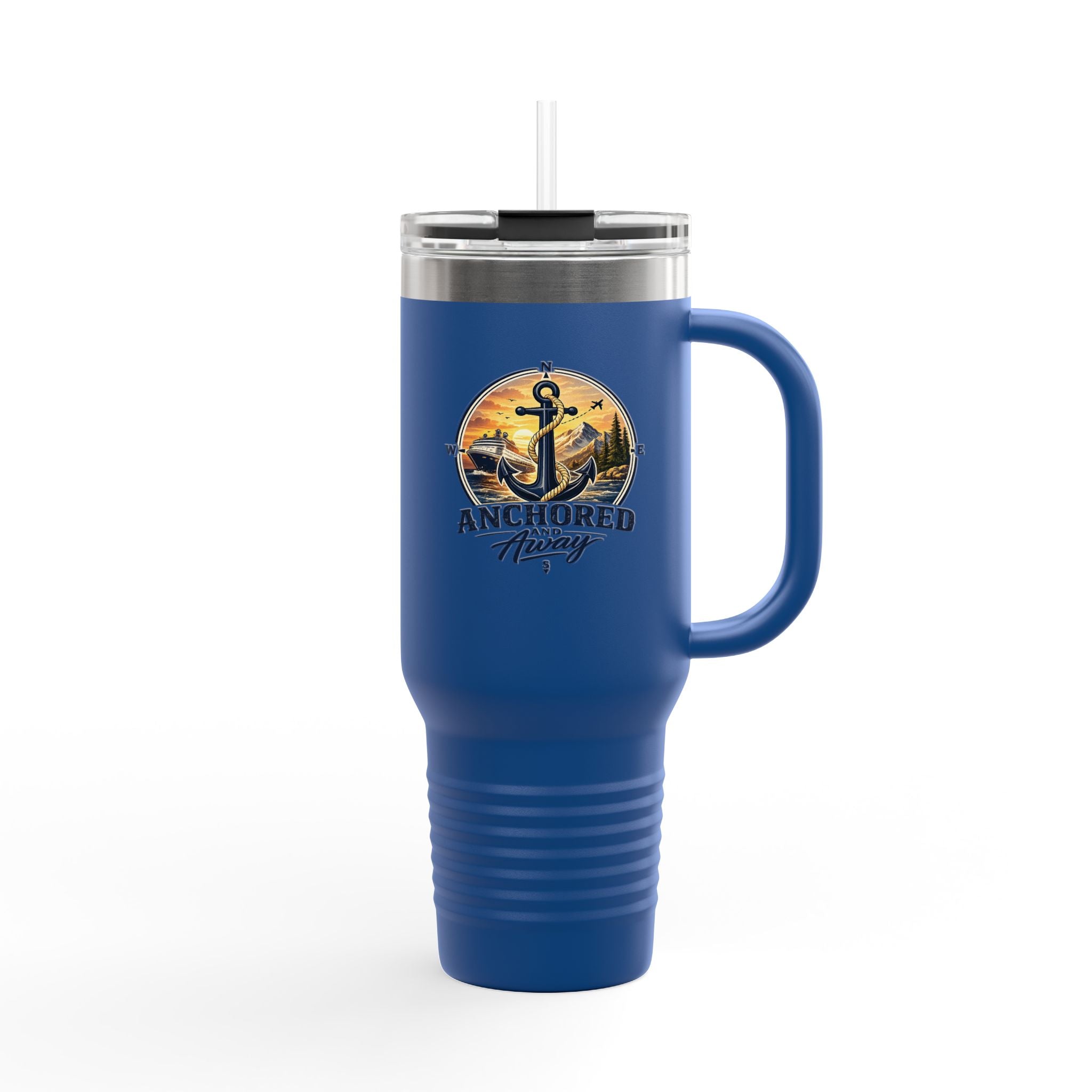 Anchored Away 40oz Insulated Travel Mug — Nautical Anchor Sunset Design