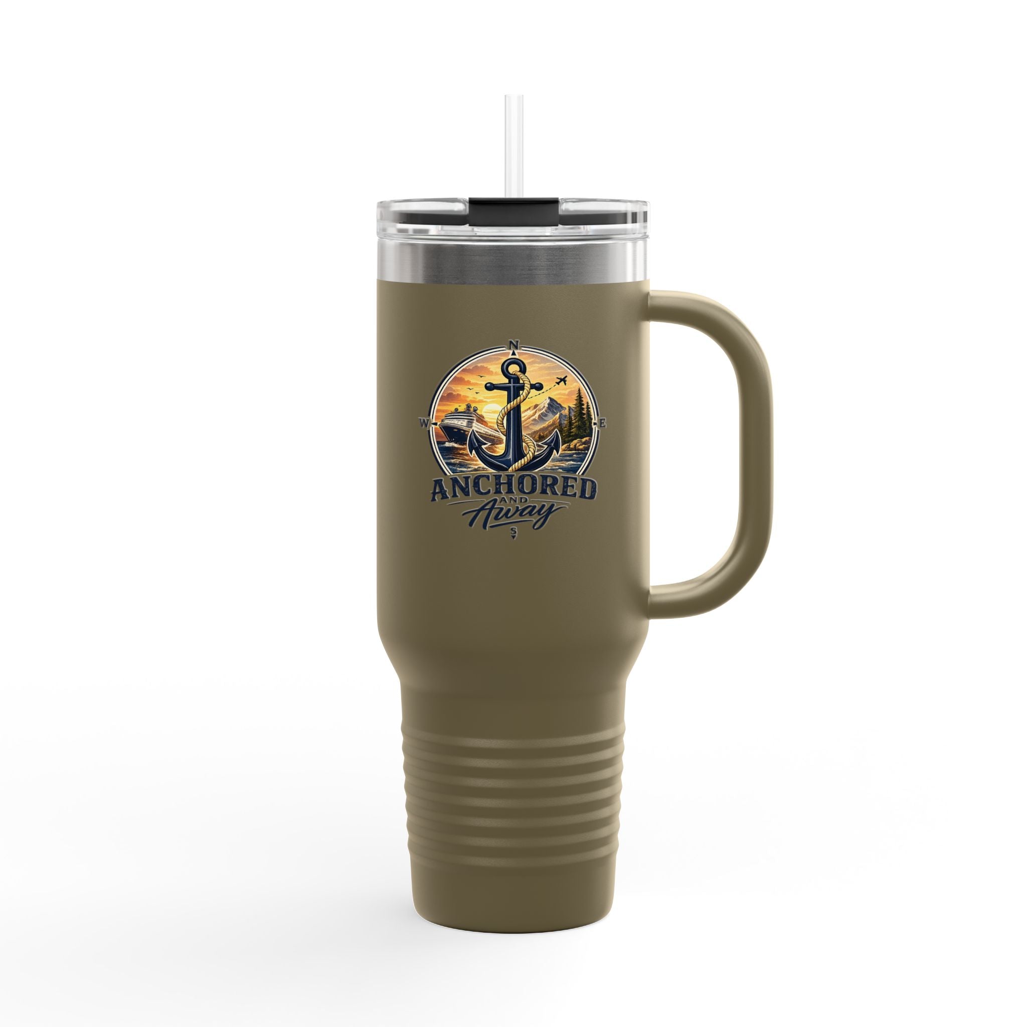 Anchored Away 40oz Insulated Travel Mug — Nautical Anchor Sunset Design