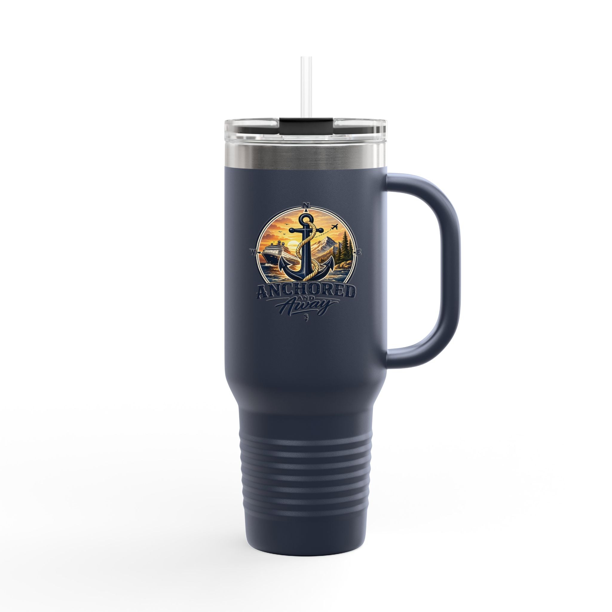 Anchored Away 40oz Insulated Travel Mug — Nautical Anchor Sunset Design