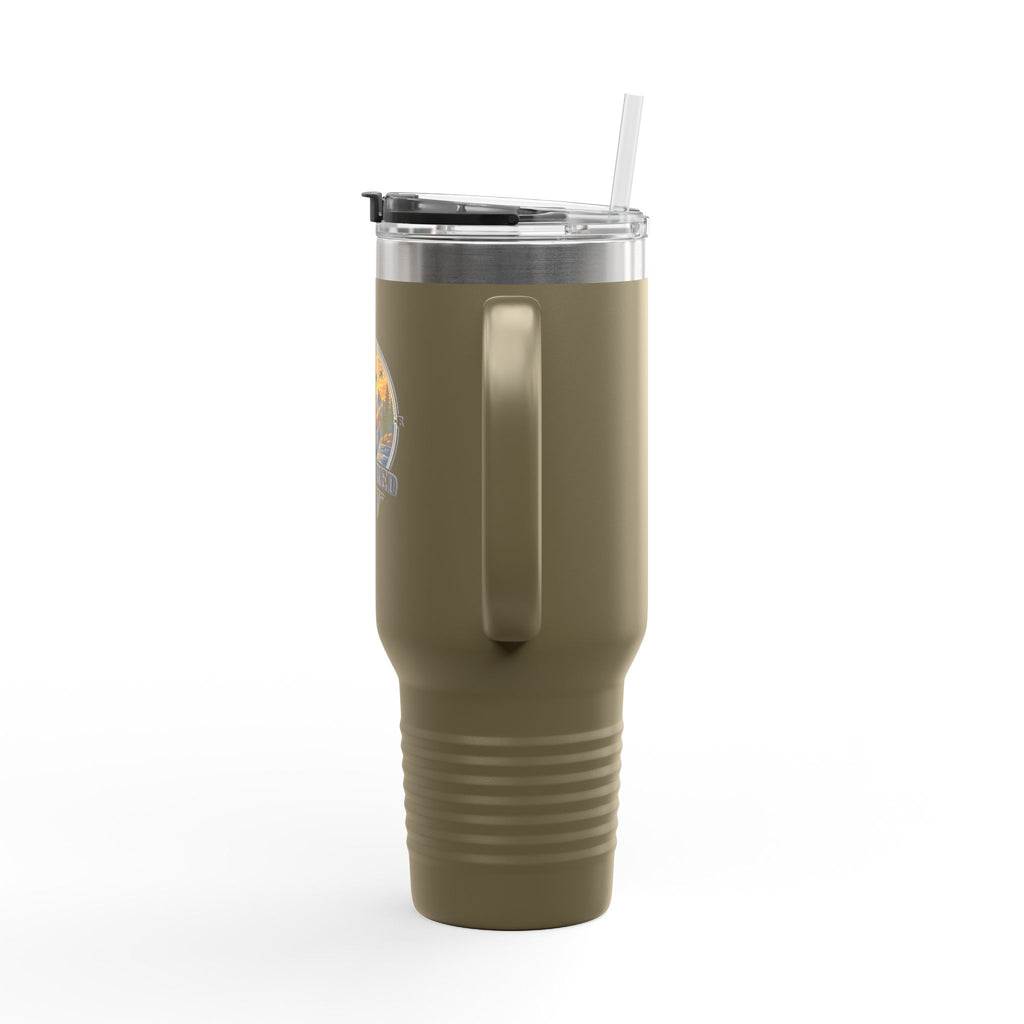 Anchored Away 40oz Insulated Travel Mug — Nautical Anchor Sunset Design