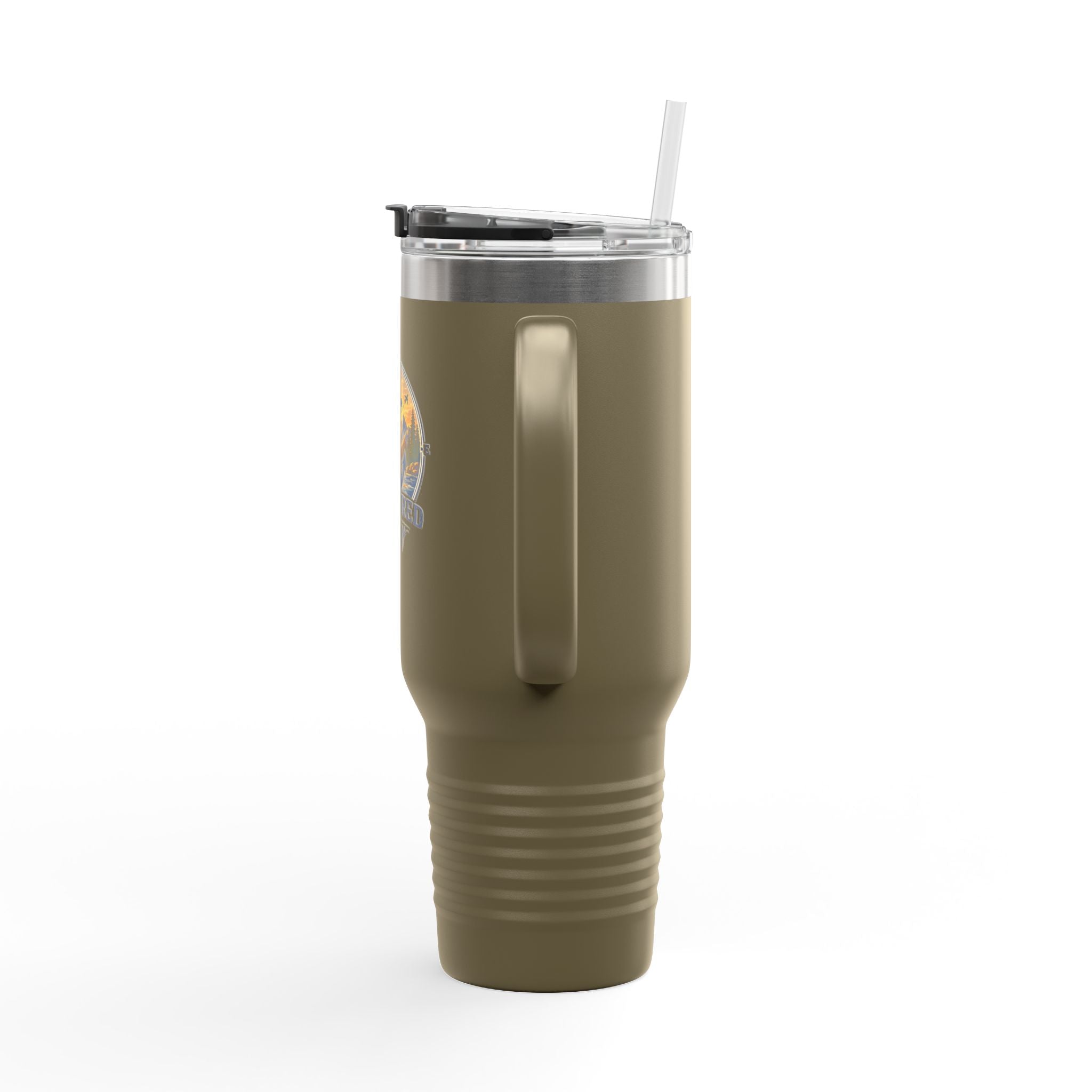 Anchored Away 40oz Insulated Travel Mug — Nautical Anchor Sunset Design