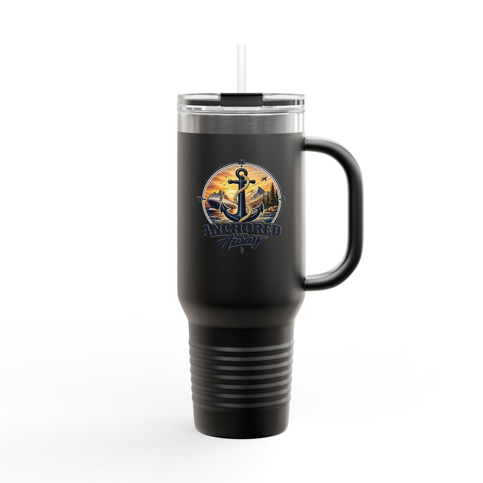 Anchored Away 40oz Insulated Travel Mug — Nautical Anchor Sunset Design