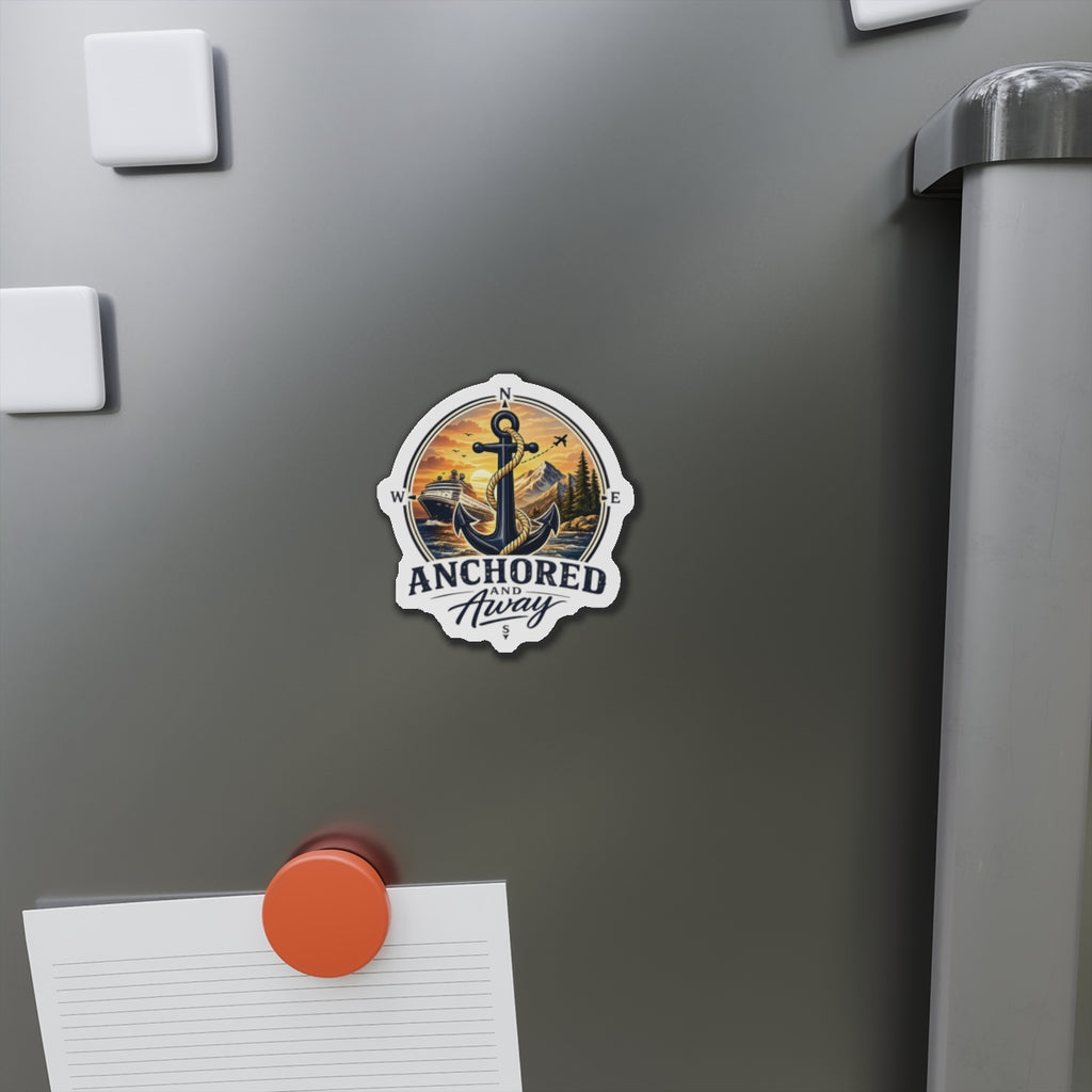 Anchored and Away Die-Cut Magnet — Nautical Anchor Compass Refrigerator Sticker