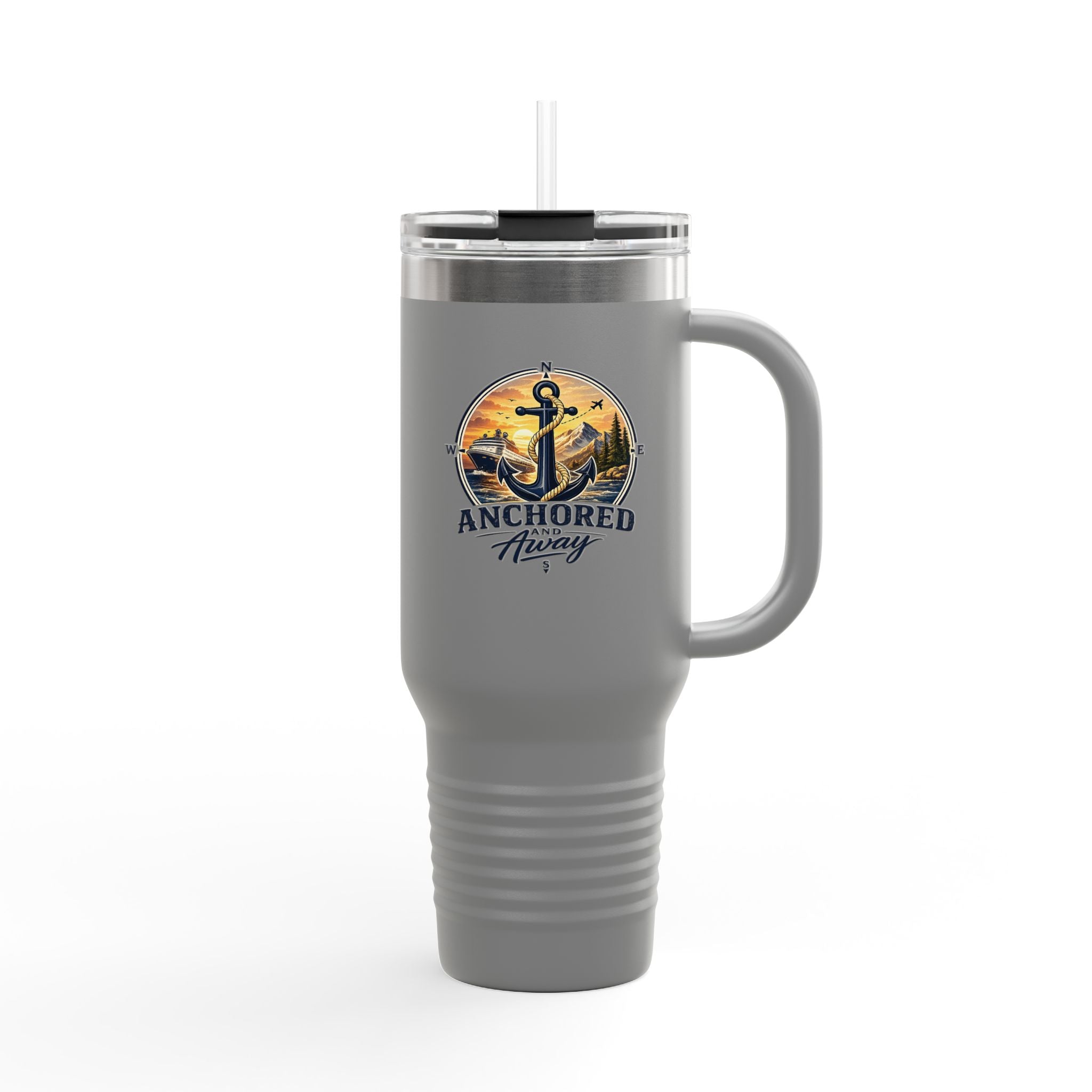 Anchored Away 40oz Insulated Travel Mug — Nautical Anchor Sunset Design