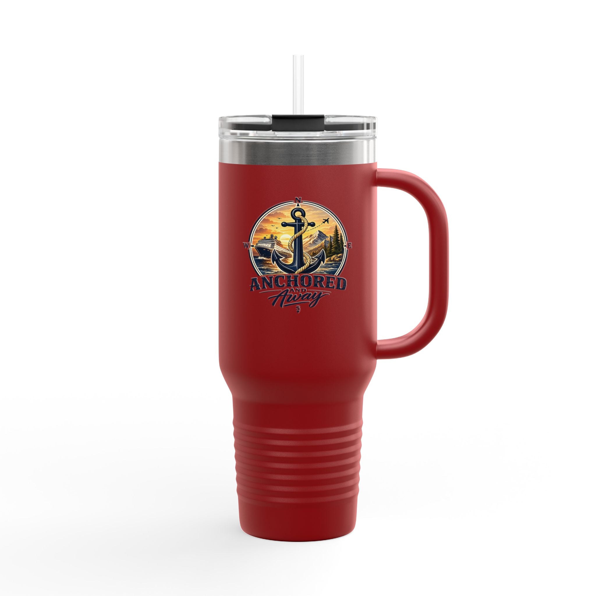 Anchored Away 40oz Insulated Travel Mug — Nautical Anchor Sunset Design