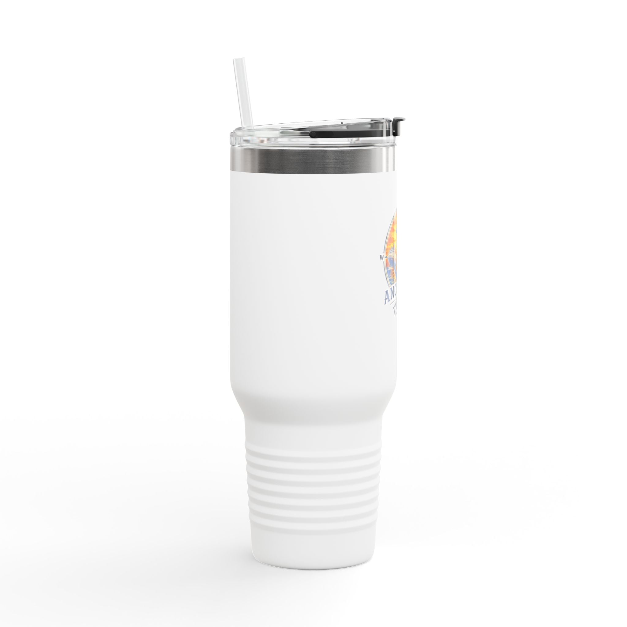 Anchored Away 40oz Insulated Travel Mug — Nautical Anchor Sunset Design