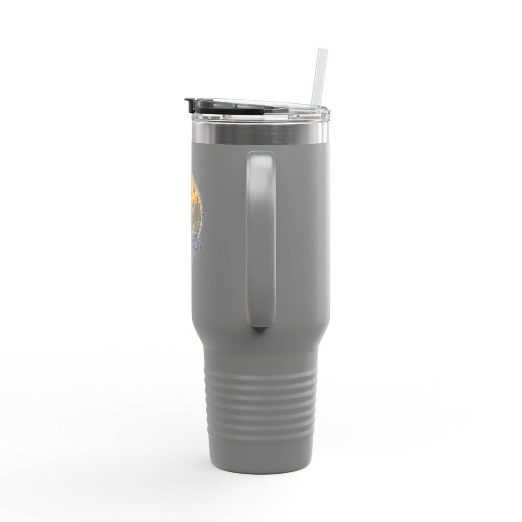 Anchored Away 40oz Insulated Travel Mug — Nautical Anchor Sunset Design