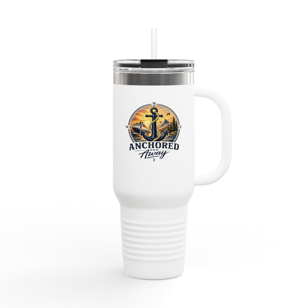 Anchored Away 40oz Insulated Travel Mug — Nautical Anchor Sunset Design