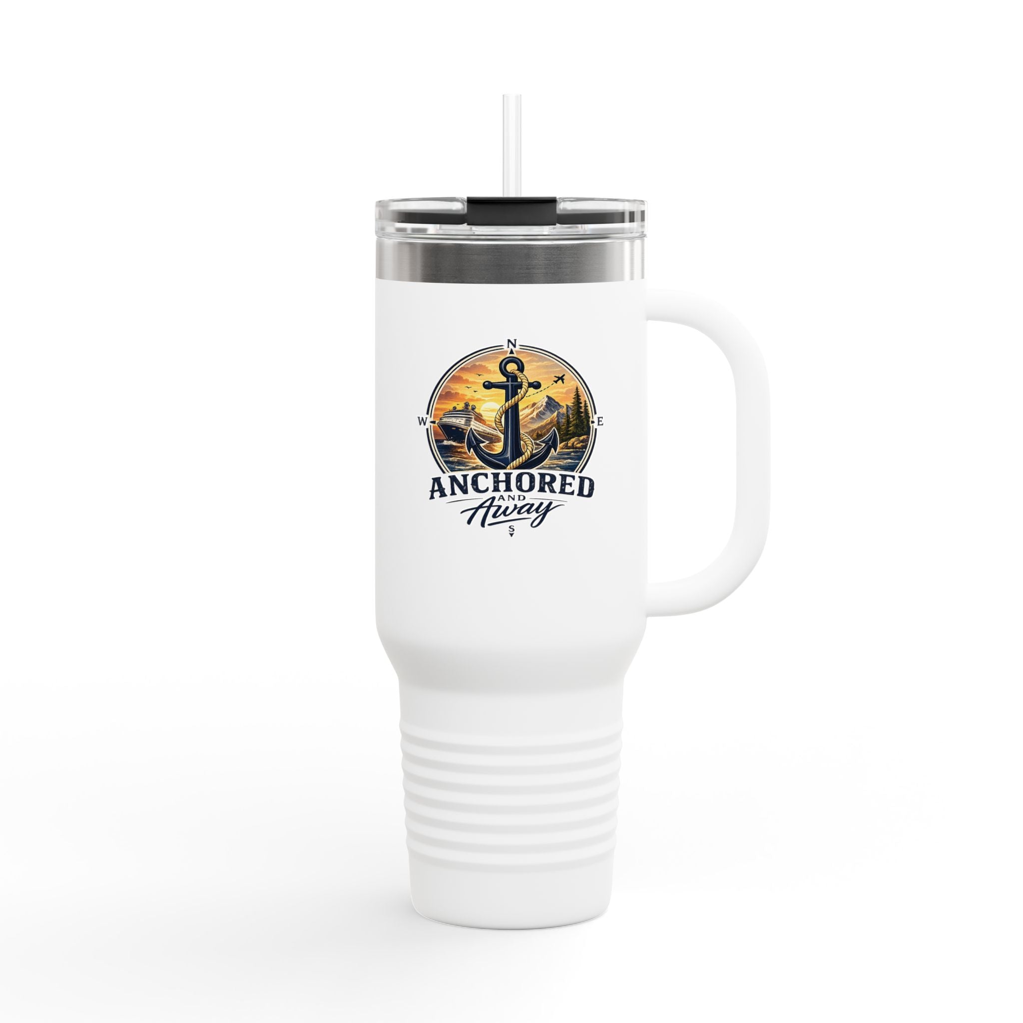 Anchored Away 40oz Insulated Travel Mug — Nautical Anchor Sunset Design