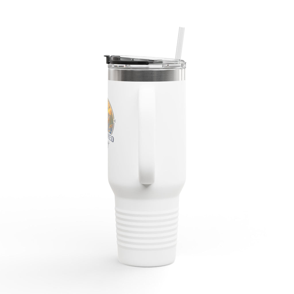 Anchored Away 40oz Insulated Travel Mug — Nautical Anchor Sunset Design