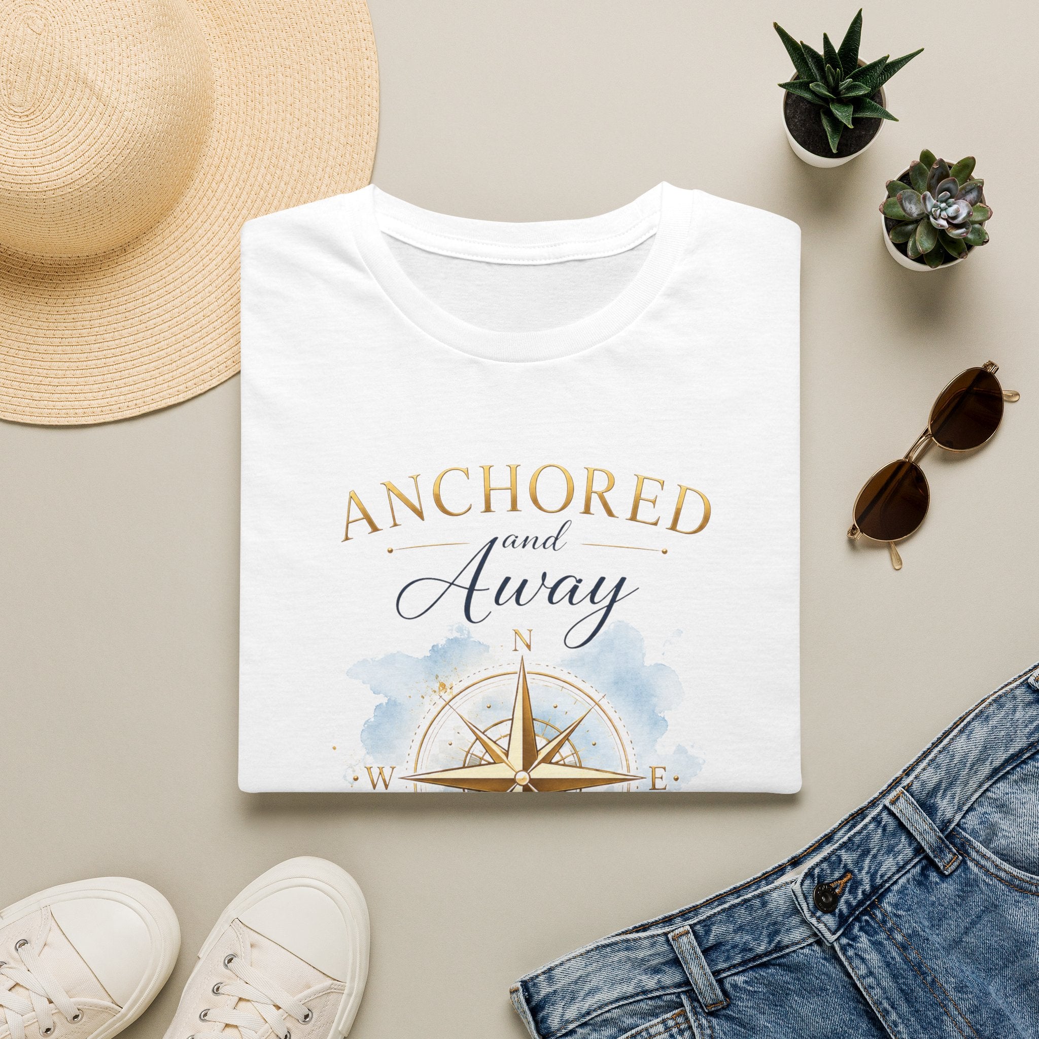 Anchored and Away Compass T-Shirt — Nautical Beachy Tee for Coastal Travel & Relaxation