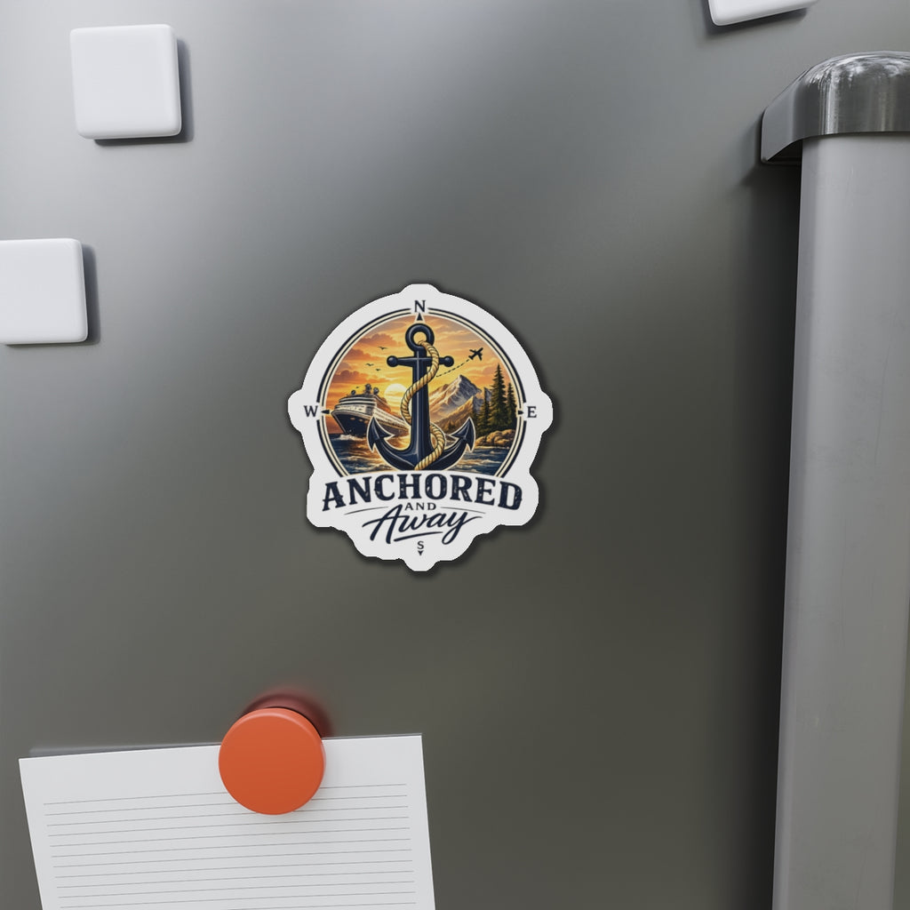 Anchored and Away Die-Cut Magnet — Nautical Anchor Compass Refrigerator Sticker