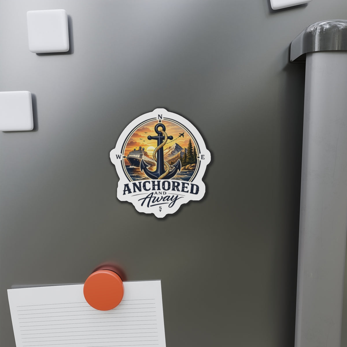 Anchored and Away Die-Cut Magnet — Nautical Anchor Compass Refrigerator Sticker