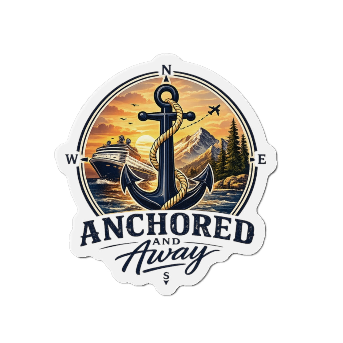 Anchored and Away Die-Cut Magnet — Nautical Anchor Compass Refrigerator Sticker