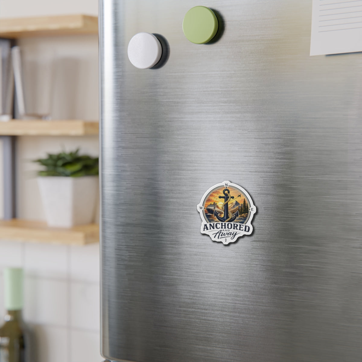 Anchored and Away Die-Cut Magnet — Nautical Anchor Compass Refrigerator Sticker