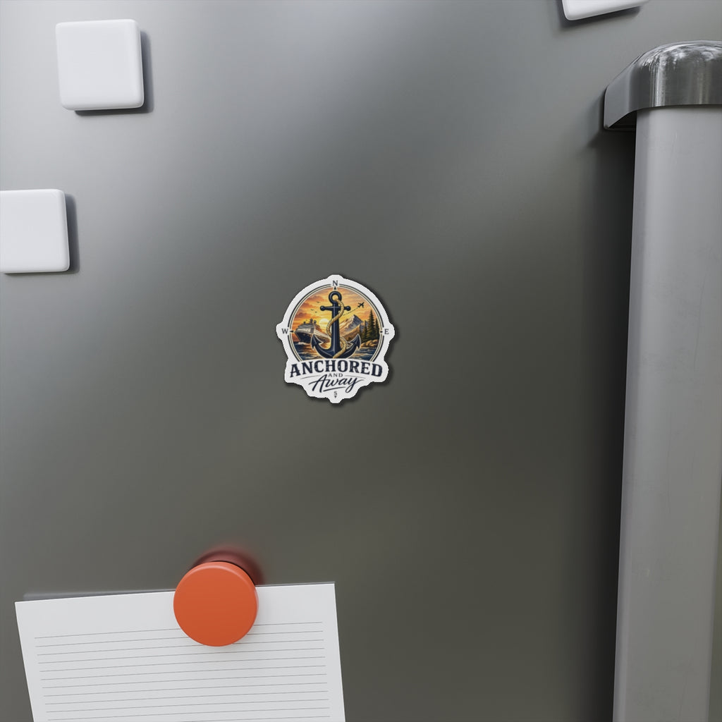 Anchored and Away Die-Cut Magnet — Nautical Anchor Compass Refrigerator Sticker