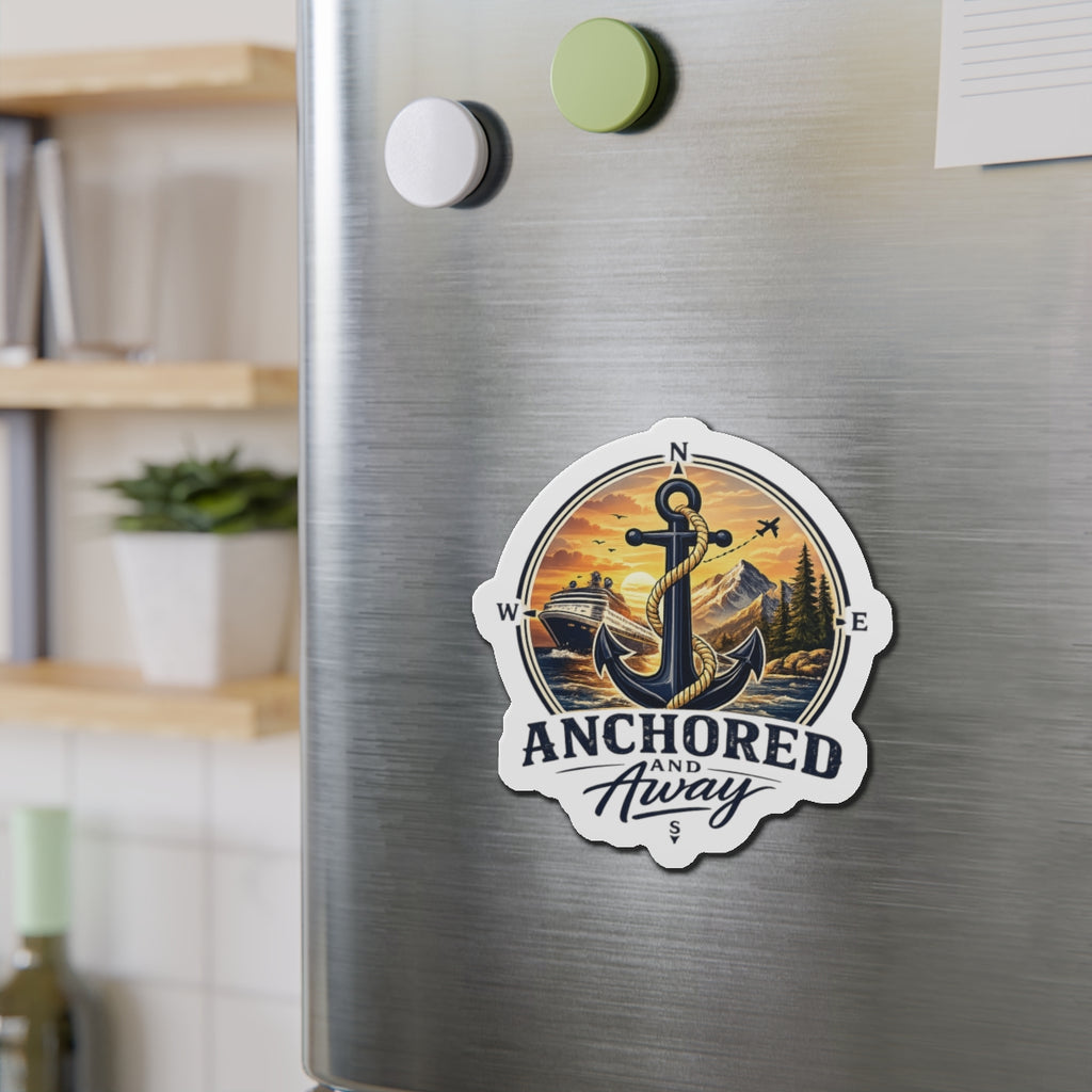 Anchored and Away Die-Cut Magnet — Nautical Anchor Compass Refrigerator Sticker