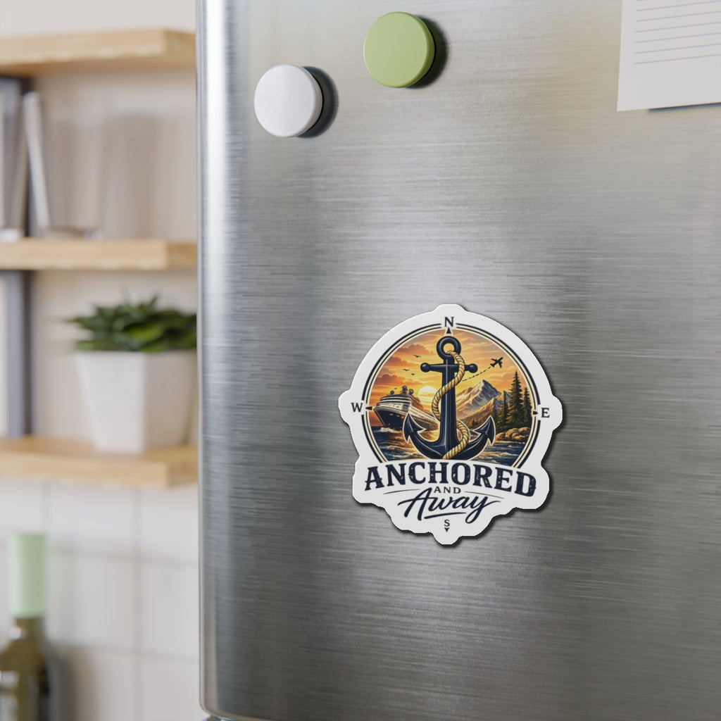 Anchored and Away Die-Cut Magnet — Nautical Anchor Compass Refrigerator Sticker