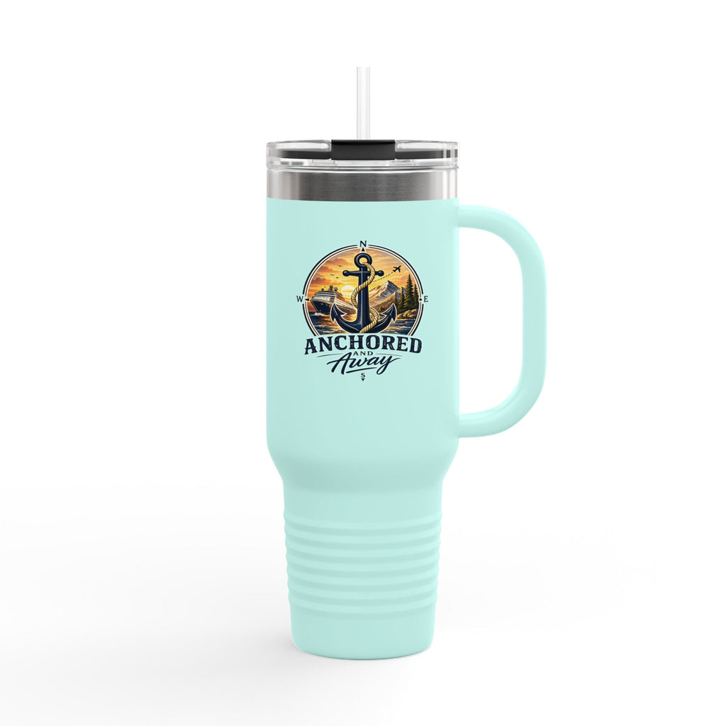 Anchored Away 40oz Insulated Travel Mug — Nautical Anchor Sunset Design