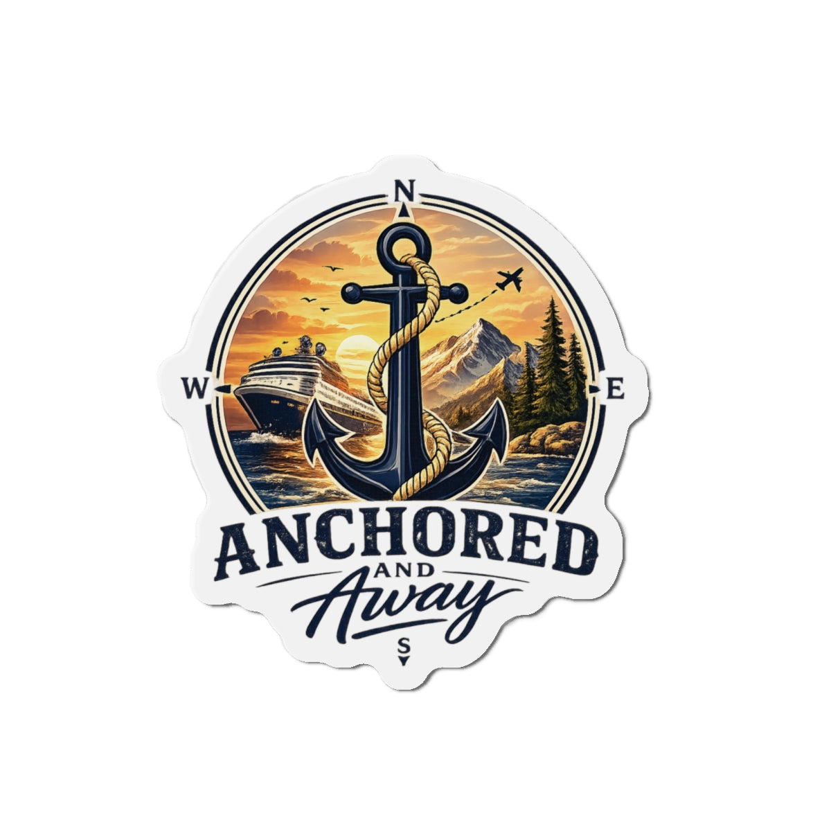 Anchored and Away Die-Cut Magnet — Nautical Anchor Compass Refrigerator Sticker